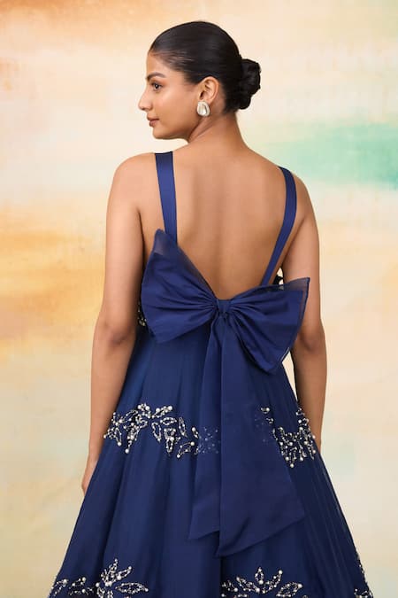 SHASHA GABA_Blue Silk Organza Pearls, Crystals Sweetheart Neck Midnight 3d Petal Gown _Online_at_Aza_Fashions