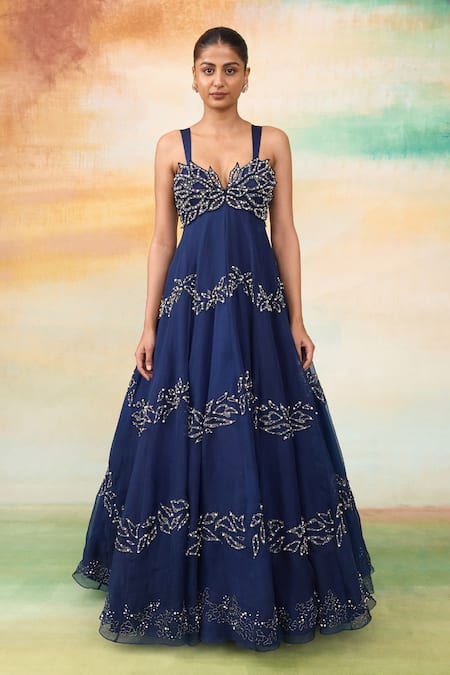 Buy_SHASHA GABA_Blue Silk Organza Pearls, Crystals Sweetheart Neck Midnight 3d Petal Gown _Online_at_Aza_Fashions