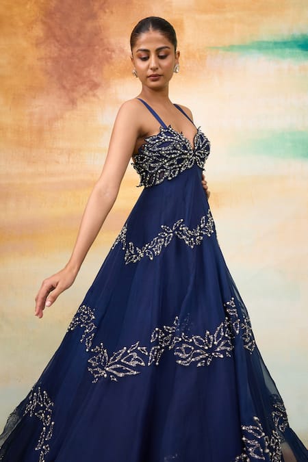 Shop_SHASHA GABA_Blue Silk Organza Pearls, Crystals Sweetheart Neck Midnight 3d Petal Gown _Online_at_Aza_Fashions