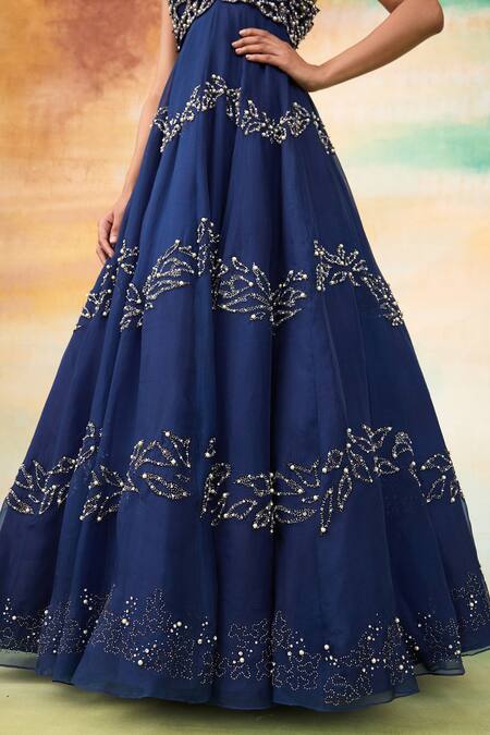 SHASHA GABA_Blue Silk Organza Pearls, Crystals Sweetheart Neck Midnight 3d Petal Gown _at_Aza_Fashions