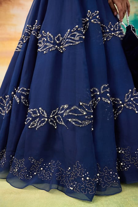 Buy_SHASHA GABA_Blue Silk Organza Pearls, Crystals Sweetheart Neck Midnight 3d Petal Gown 