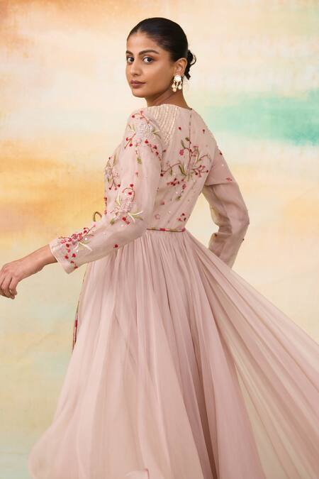 SHASHA GABA Pink Silk Organza Diamonds Round Neck Rose Embroidered High Low Dress Online at Aza Fashions SHASHA GABA_Pink Silk Organza Diamonds Round Neck Rose Embroidered High Low Dress _Online_at_Aza_Fashions