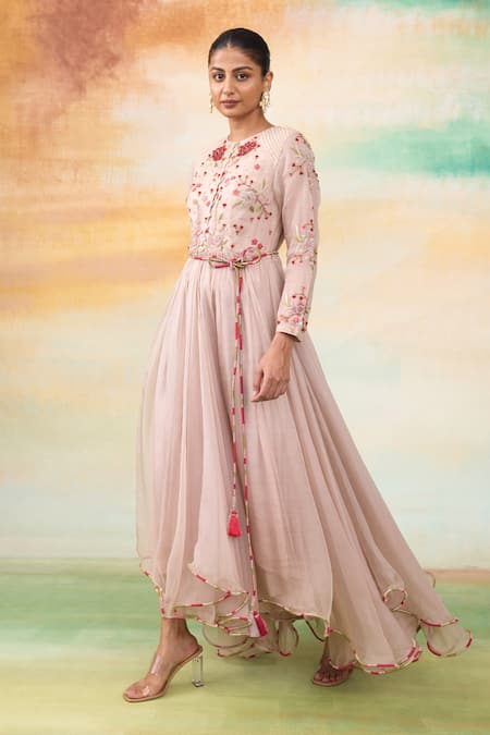 Buy SHASHA GABA Pink Silk Organza Diamonds Round Neck Rose Embroidered High Low Dress Online at Aza Fashions Buy_SHASHA GABA_Pink Silk Organza Diamonds Round Neck Rose Embroidered High Low Dress _Online_at_Aza_Fashions