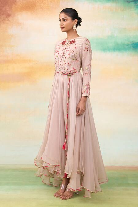 Shop SHASHA GABA Pink Silk Organza Diamonds Round Neck Rose Embroidered High Low Dress Online at Aza Fashions Shop_SHASHA GABA_Pink Silk Organza Diamonds Round Neck Rose Embroidered High Low Dress _Online_at_Aza_Fashions