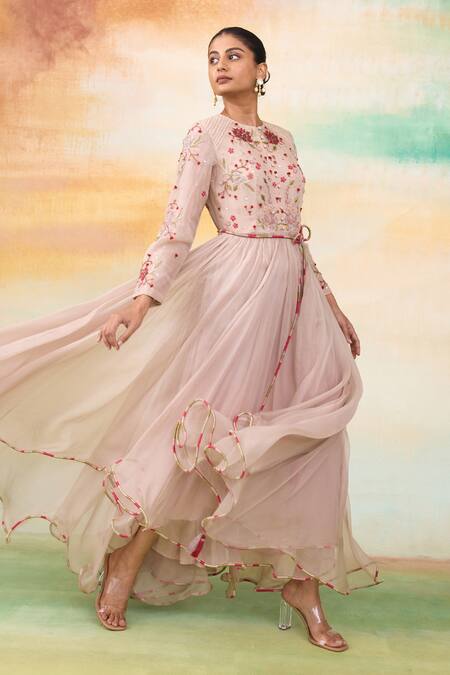 SHASHA GABA Pink Silk Organza Diamonds Round Neck Rose Embroidered High Low Dress at Aza Fashions SHASHA GABA_Pink Silk Organza Diamonds Round Neck Rose Embroidered High Low Dress _at_Aza_Fashions