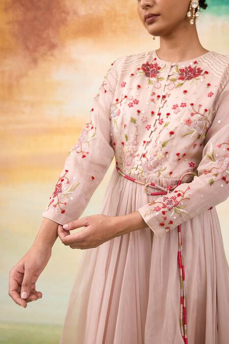 Buy SHASHA GABA Pink Silk Organza Diamonds Round Neck Rose Embroidered High Low Dress Buy_SHASHA GABA_Pink Silk Organza Diamonds Round Neck Rose Embroidered High Low Dress