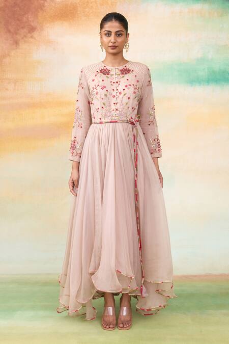 Shop SHASHA GABA Pink Silk Organza Diamonds Round Neck Rose Embroidered High Low Dress Shop_SHASHA GABA_Pink Silk Organza Diamonds Round Neck Rose Embroidered High Low Dress