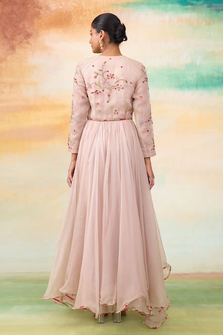 Shop SHASHA GABA Pink Silk Organza Diamonds Round Neck Rose Embroidered High Low Dress at Aza Fashions Shop_SHASHA GABA_Pink Silk Organza Diamonds Round Neck Rose Embroidered High Low Dress _at_Aza_Fashions
