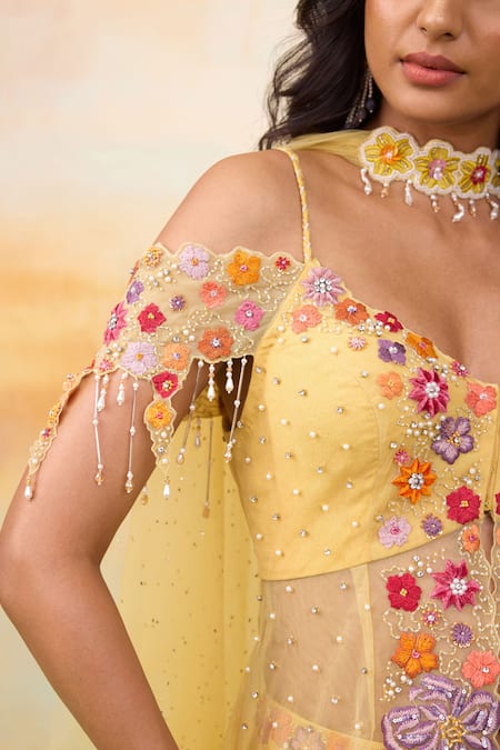 SHASHA GABA Yellow Net, Lace Pearls, Crystals Bloom Embroidered Peplum Kurta Gharara Set Online at Aza Fashions SHASHA GABA_Yellow Net, Lace Pearls, Crystals Bloom Embroidered Peplum Kurta Gharara Set _Online_at_Aza_Fashions