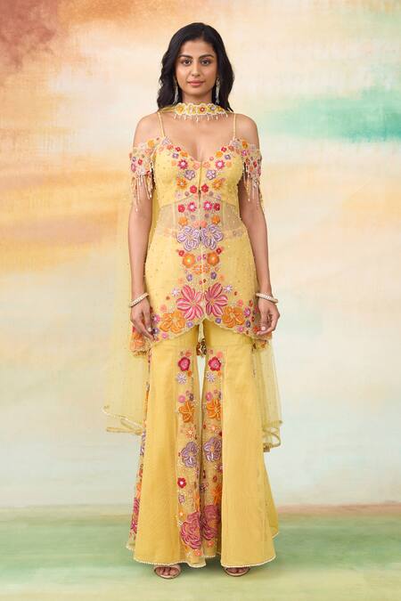 Buy SHASHA GABA Yellow Net, Lace Pearls, Crystals Bloom Embroidered Peplum Kurta Gharara Set Online at Aza Fashions Buy_SHASHA GABA_Yellow Net, Lace Pearls, Crystals Bloom Embroidered Peplum Kurta Gharara Set _Online_at_Aza_Fashions