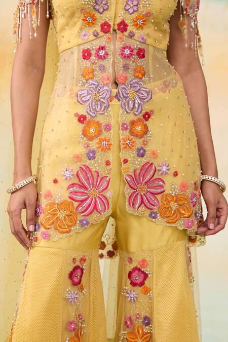 SHASHA GABA Yellow Net, Lace Pearls, Crystals Bloom Embroidered Peplum Kurta Gharara Set at Aza Fashions SHASHA GABA_Yellow Net, Lace Pearls, Crystals Bloom Embroidered Peplum Kurta Gharara Set _at_Aza_Fashions