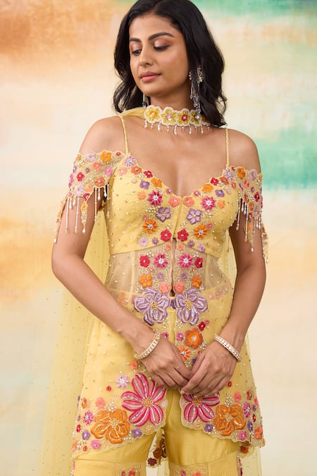 Buy SHASHA GABA Yellow Net, Lace Pearls, Crystals Bloom Embroidered Peplum Kurta Gharara Set Buy_SHASHA GABA_Yellow Net, Lace Pearls, Crystals Bloom Embroidered Peplum Kurta Gharara Set