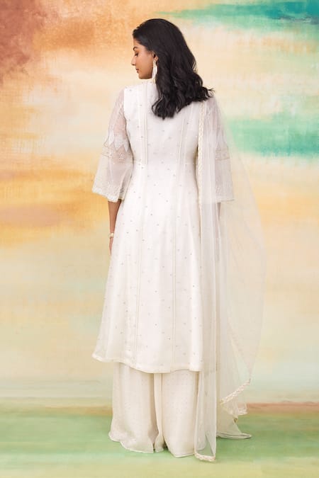 Shop SHASHA GABA Ivory Organza, Net Cut Work, Sequins, Bloom Patchwork Kurta Palazzo Set at Aza Fashions Shop_SHASHA GABA_Ivory Organza, Net Cut Work, Sequins, Bloom Patchwork Kurta Palazzo Set _at_Aza_Fashions
