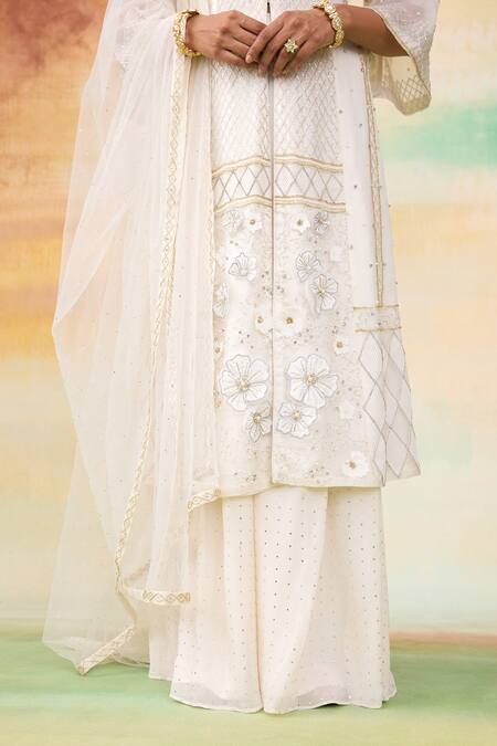SHASHA GABA Ivory Organza, Net Cut Work, Sequins, Bloom Patchwork Kurta Palazzo Set at Aza Fashions SHASHA GABA_Ivory Organza, Net Cut Work, Sequins, Bloom Patchwork Kurta Palazzo Set _at_Aza_Fashions