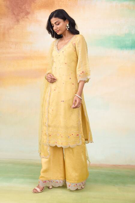 SHASHA GABA Yellow Silk Organza Sequins, Pearls, Blossom Embroidered Kurta Palazzo Set Online at Aza Fashions SHASHA GABA_Yellow Silk Organza Sequins, Pearls, Blossom Embroidered Kurta Palazzo Set _Online_at_Aza_Fashions