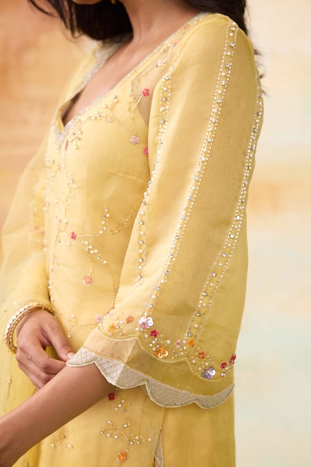Buy SHASHA GABA Yellow Silk Organza Sequins, Pearls, Blossom Embroidered Kurta Palazzo Set Online at Aza Fashions Buy_SHASHA GABA_Yellow Silk Organza Sequins, Pearls, Blossom Embroidered Kurta Palazzo Set _Online_at_Aza_Fashions