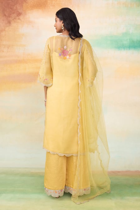 Shop SHASHA GABA Yellow Silk Organza Sequins, Pearls, Blossom Embroidered Kurta Palazzo Set at Aza Fashions Shop_SHASHA GABA_Yellow Silk Organza Sequins, Pearls, Blossom Embroidered Kurta Palazzo Set _at_Aza_Fashions