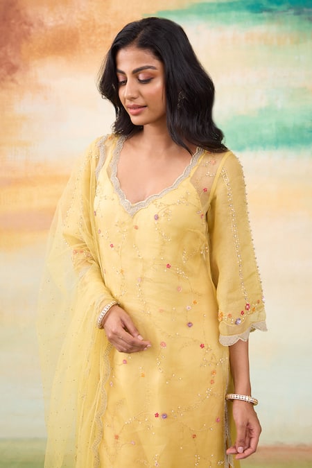 Shop SHASHA GABA Yellow Silk Organza Sequins, Pearls, Blossom Embroidered Kurta Palazzo Set Online at Aza Fashions Shop_SHASHA GABA_Yellow Silk Organza Sequins, Pearls, Blossom Embroidered Kurta Palazzo Set _Online_at_Aza_Fashions