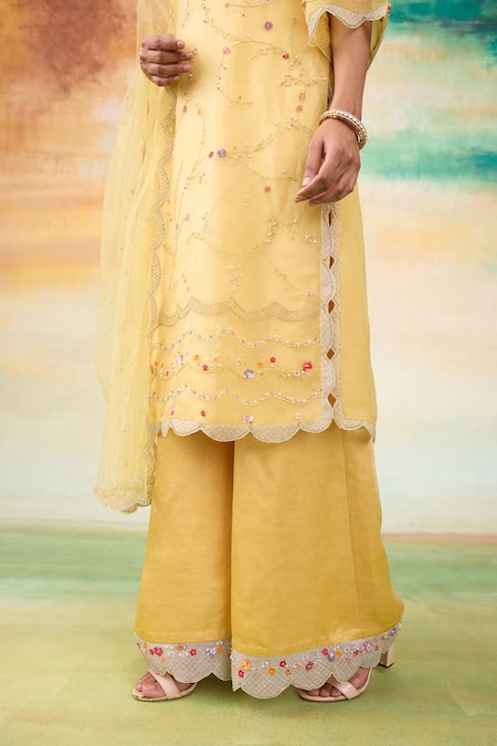 SHASHA GABA Yellow Silk Organza Sequins, Pearls, Blossom Embroidered Kurta Palazzo Set at Aza Fashions SHASHA GABA_Yellow Silk Organza Sequins, Pearls, Blossom Embroidered Kurta Palazzo Set _at_Aza_Fashions