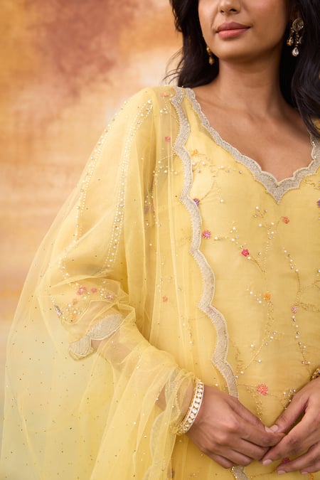 Buy SHASHA GABA Yellow Silk Organza Sequins, Pearls, Blossom Embroidered Kurta Palazzo Set Buy_SHASHA GABA_Yellow Silk Organza Sequins, Pearls, Blossom Embroidered Kurta Palazzo Set