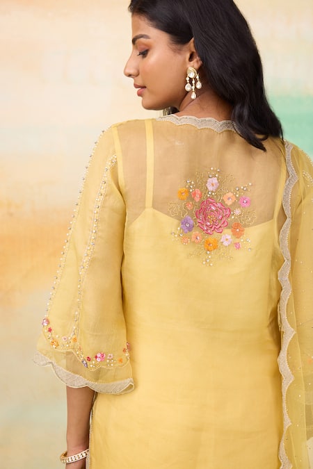 Shop SHASHA GABA Yellow Silk Organza Sequins, Pearls, Blossom Embroidered Kurta Palazzo Set Shop_SHASHA GABA_Yellow Silk Organza Sequins, Pearls, Blossom Embroidered Kurta Palazzo Set