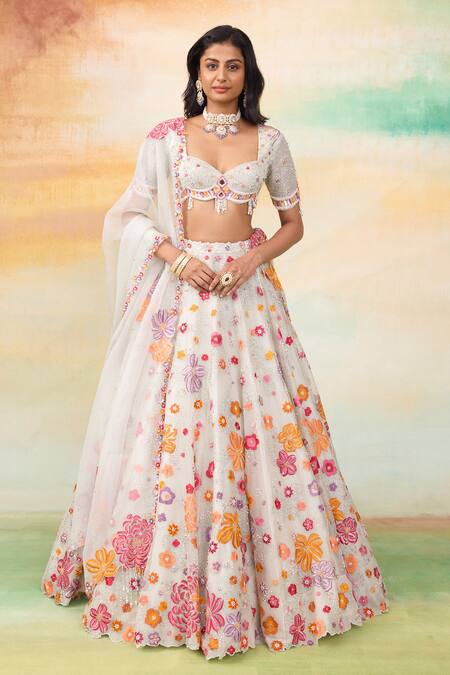 Buy SHASHA GABA Mint Silk Organza Sequins, Embroidery, Cut Work Flora Green Lehenga Set Buy_SHASHA GABA_Mint Silk Organza Sequins, Embroidery, Cut Work Flora Green Lehenga Set