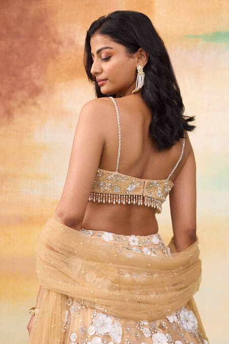 SHASHA GABA Gold Muslin Pearls, Crystals, Stones, Embroidery, 3d Bloom Patchwork Lehenga Set Online at Aza Fashions SHASHA GABA_Gold Muslin Pearls, Crystals, Stones, Embroidery, 3d Bloom Patchwork Lehenga Set _Online_at_Aza_Fashions