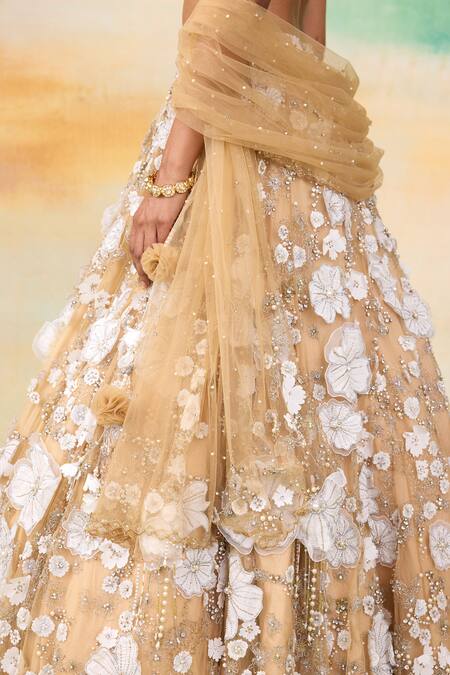 Buy SHASHA GABA Gold Muslin Pearls, Crystals, Stones, Embroidery, 3d Bloom Patchwork Lehenga Set Online at Aza Fashions Buy_SHASHA GABA_Gold Muslin Pearls, Crystals, Stones, Embroidery, 3d Bloom Patchwork Lehenga Set _Online_at_Aza_Fashions