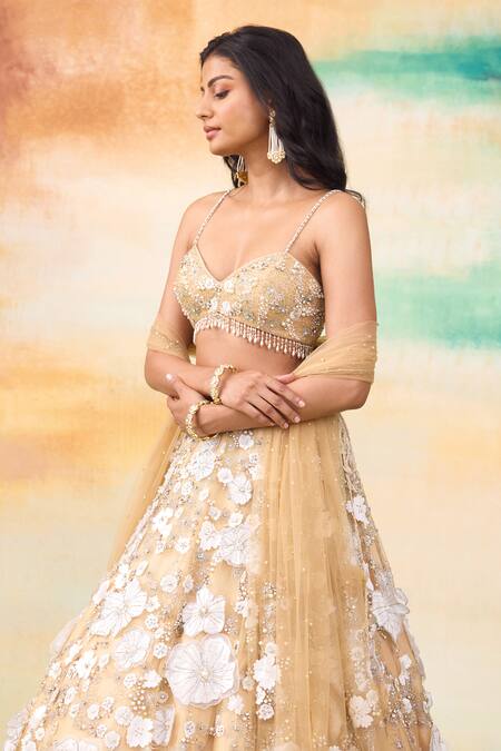 SHASHA GABA Gold Muslin Pearls, Crystals, Stones, Embroidery, 3d Bloom Patchwork Lehenga Set at Aza Fashions SHASHA GABA_Gold Muslin Pearls, Crystals, Stones, Embroidery, 3d Bloom Patchwork Lehenga Set _at_Aza_Fashions