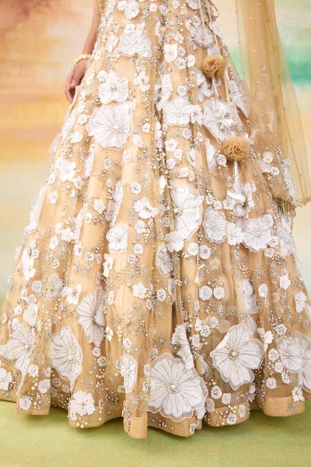 Buy SHASHA GABA Gold Muslin Pearls, Crystals, Stones, Embroidery, 3d Bloom Patchwork Lehenga Set Buy_SHASHA GABA_Gold Muslin Pearls, Crystals, Stones, Embroidery, 3d Bloom Patchwork Lehenga Set