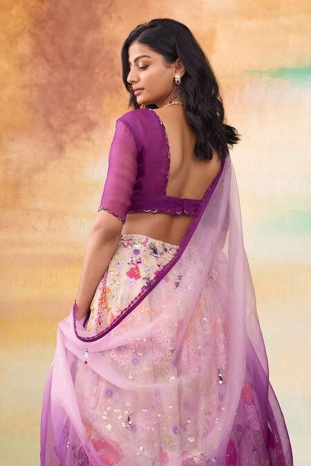 SHASHA GABA Purple Silk Organza Embroidery, Sequins, Floral Embellished Lehenga Set Online at Aza Fashions SHASHA GABA_Purple Silk Organza Embroidery, Sequins, Floral Embellished Lehenga Set _Online_at_Aza_Fashions
