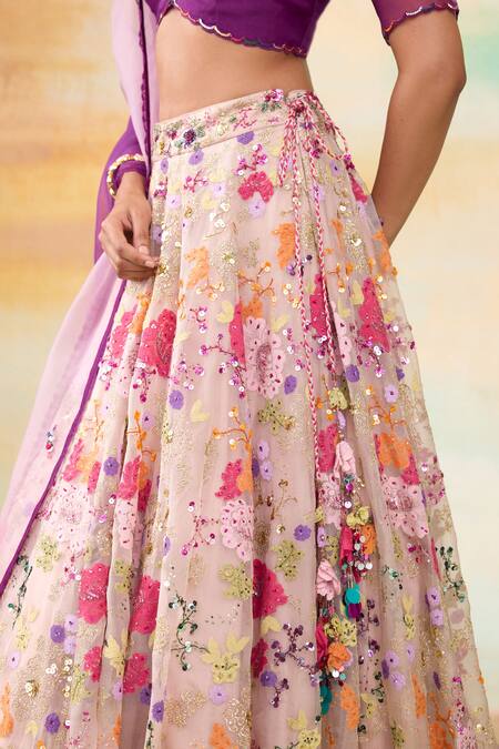 Shop SHASHA GABA Purple Silk Organza Embroidery, Sequins, Floral Embellished Lehenga Set Online at Aza Fashions Shop_SHASHA GABA_Purple Silk Organza Embroidery, Sequins, Floral Embellished Lehenga Set _Online_at_Aza_Fashions