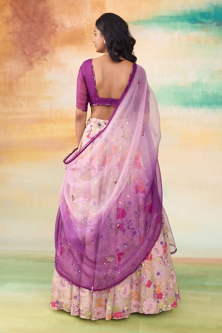 Shop SHASHA GABA Purple Silk Organza Embroidery, Sequins, Floral Embellished Lehenga Set at Aza Fashions Shop_SHASHA GABA_Purple Silk Organza Embroidery, Sequins, Floral Embellished Lehenga Set _at_Aza_Fashions