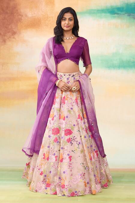 SHASHA GABA Purple Silk Organza Embroidery, Sequins, Floral Embellished Lehenga Set at Aza Fashions SHASHA GABA_Purple Silk Organza Embroidery, Sequins, Floral Embellished Lehenga Set _at_Aza_Fashions