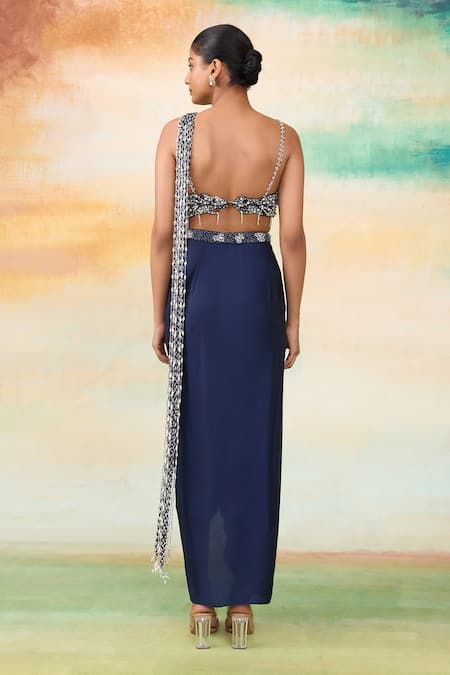 Buy SHASHA GABA Blue Modal, Silk Pearls, Crystals, High Slit Dhoti Saree With Embellished Blouse Online at Aza Fashions Buy_SHASHA GABA_Blue Modal, Silk Pearls, Crystals, High Slit Dhoti Saree With Embellished Blouse _Online_at_Aza_Fashions