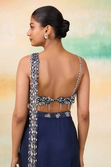 Shop SHASHA GABA Blue Modal, Silk Pearls, Crystals, High Slit Dhoti Saree With Embellished Blouse Online at Aza Fashions Shop_SHASHA GABA_Blue Modal, Silk Pearls, Crystals, High Slit Dhoti Saree With Embellished Blouse _Online_at_Aza_Fashions