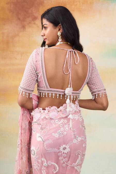SHASHA GABA_Pink Net, Chanderi Pearls, Crystals, Stones Flora Patchwork Saree And Blouse Set _Online_at_Aza_Fashions