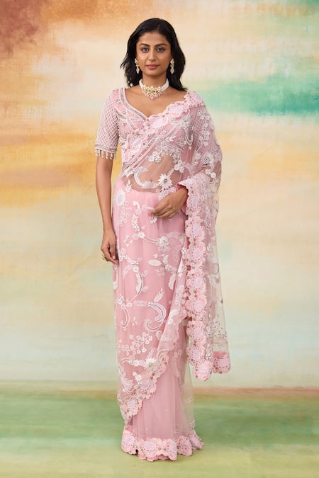 SHASHA GABA Flora Patchwork Pink Saree & Blouse Set 