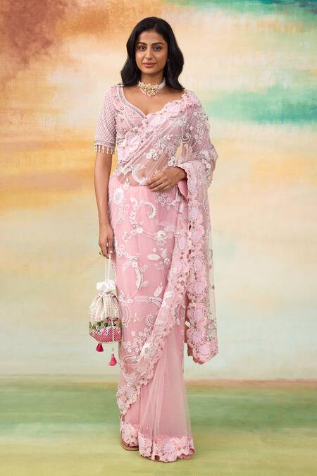 Buy_SHASHA GABA_Pink Net, Chanderi Pearls, Crystals, Stones Flora Patchwork Saree And Blouse Set _Online_at_Aza_Fashions