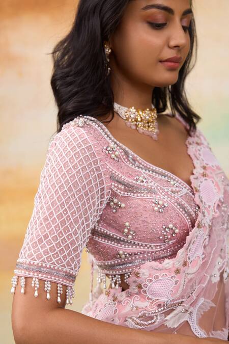Shop_SHASHA GABA_Pink Net, Chanderi Pearls, Crystals, Stones Flora Patchwork Saree And Blouse Set _Online_at_Aza_Fashions