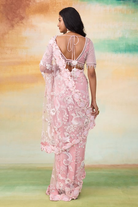 Shop_SHASHA GABA_Pink Net, Chanderi Pearls, Crystals, Stones Flora Patchwork Saree And Blouse Set _at_Aza_Fashions