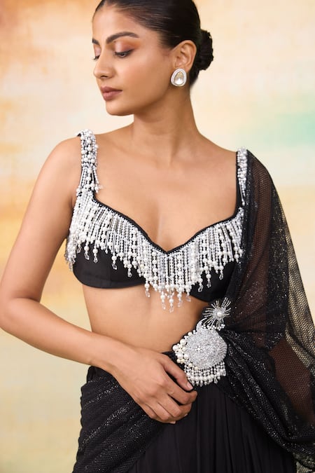 SHASHA GABA Black Net, Chiffon Pearls, Crystals, Cut Embellished Pre-draped Lehenga Saree Online at Aza Fashions SHASHA GABA_Black Net, Chiffon Pearls, Crystals, Cut Embellished Pre-draped Lehenga Saree _Online_at_Aza_Fashions