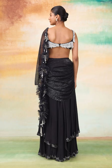 SHASHA GABA Embellished Black Pre-Draped Lehenga Saree 