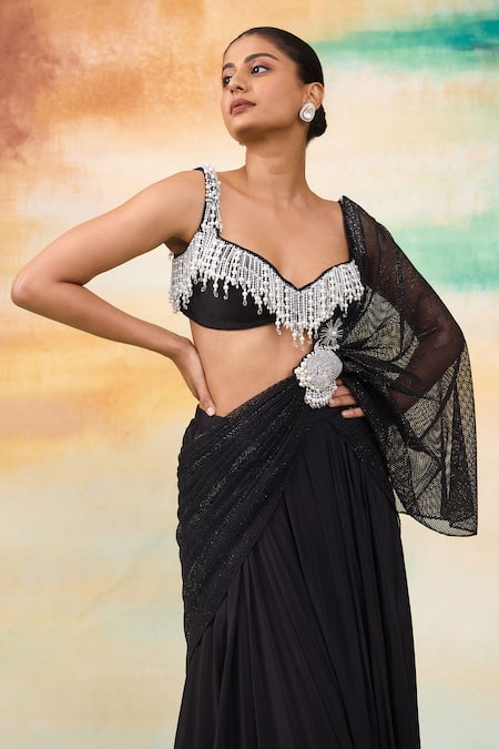 Buy SHASHA GABA Black Net, Chiffon Pearls, Crystals, Cut Embellished Pre-draped Lehenga Saree Online at Aza Fashions Buy_SHASHA GABA_Black Net, Chiffon Pearls, Crystals, Cut Embellished Pre-draped Lehenga Saree _Online_at_Aza_Fashions