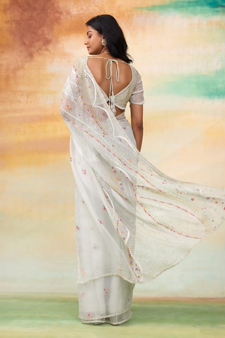 Shop SHASHA GABA White Silk Organza Crystals, Pearls, Stones Bloom Motif Embroidered Saree Set at Aza Fashions Shop_SHASHA GABA_White Silk Organza Crystals, Pearls, Stones Bloom Motif Embroidered Saree Set _at_Aza_Fashions