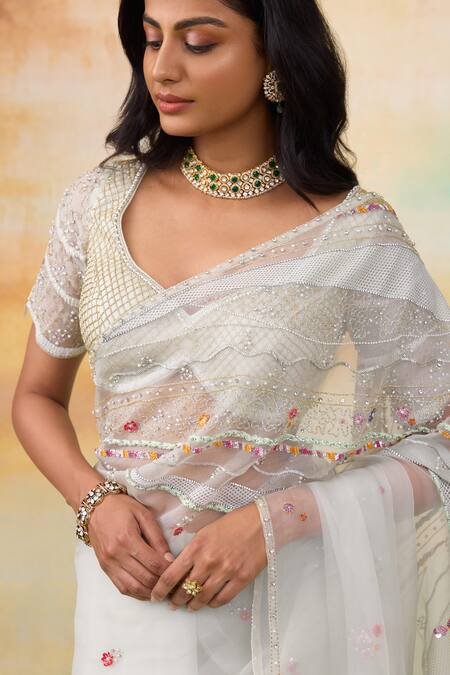 SHASHA GABA White Silk Organza Crystals, Pearls, Stones Bloom Motif Embroidered Saree Set Online at Aza Fashions SHASHA GABA_White Silk Organza Crystals, Pearls, Stones Bloom Motif Embroidered Saree Set _Online_at_Aza_Fashions