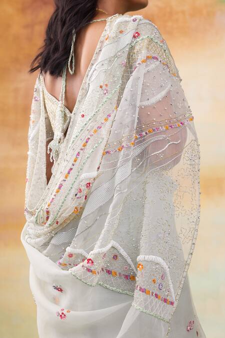 Buy SHASHA GABA White Silk Organza Crystals, Pearls, Stones Bloom Motif Embroidered Saree Set Online at Aza Fashions Buy_SHASHA GABA_White Silk Organza Crystals, Pearls, Stones Bloom Motif Embroidered Saree Set _Online_at_Aza_Fashions