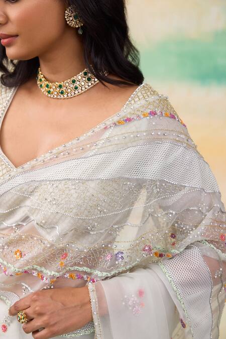 Shop SHASHA GABA White Silk Organza Crystals, Pearls, Stones Bloom Motif Embroidered Saree Set Online at Aza Fashions Shop_SHASHA GABA_White Silk Organza Crystals, Pearls, Stones Bloom Motif Embroidered Saree Set _Online_at_Aza_Fashions
