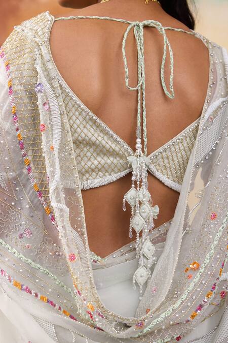 Buy SHASHA GABA White Silk Organza Crystals, Pearls, Stones Bloom Motif Embroidered Saree Set Buy_SHASHA GABA_White Silk Organza Crystals, Pearls, Stones Bloom Motif Embroidered Saree Set