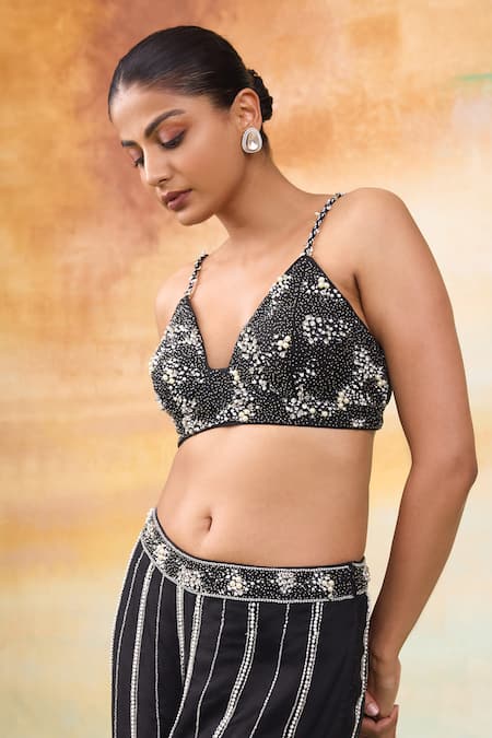 SHASHA GABA Black Organza, Net Crystals, Cut Work, Pearls Embroidered Cape And Flared Pant Set Online at Aza Fashions SHASHA GABA_Black Organza, Net Crystals, Cut Work, Pearls Embroidered Cape And Flared Pant Set _Online_at_Aza_Fashions